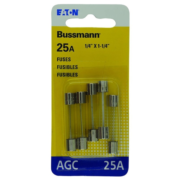 Eaton Bussmann Glass Fuse, AGC Series, Fast-Acting, 25A, 32V AC, 1kA at 32V AC, 5 PK BP/AGC-25-RP - main
